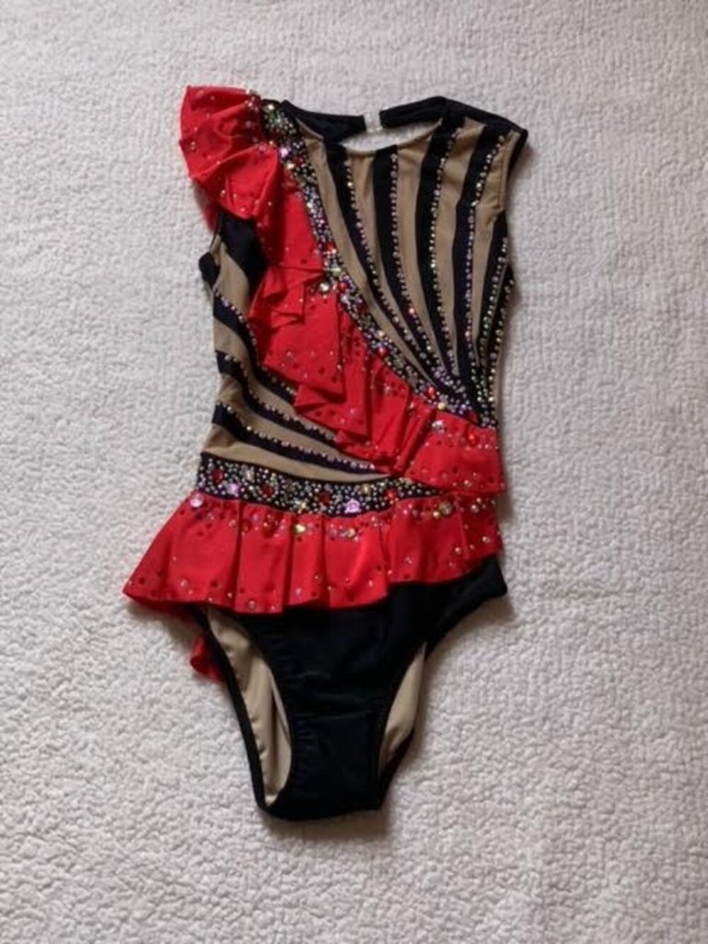 Gorgues red ruffled black designed stoned dance costume